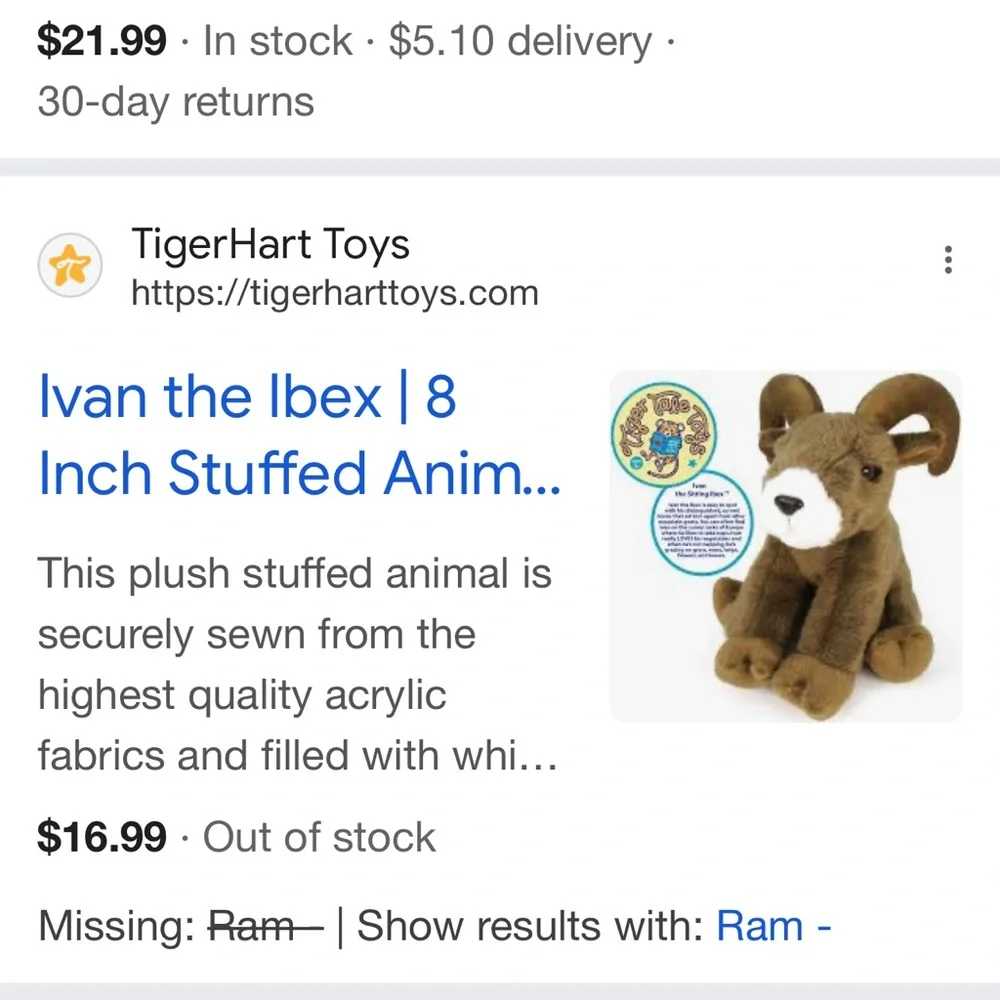 Ivan the Ibex Plush Plush Goat Toy Ram Tiger Tale Toys 8”